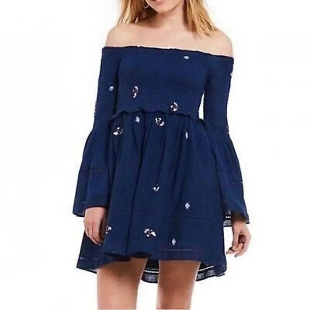 Free People Navy Counting Daisies Embroidered Mini Dress